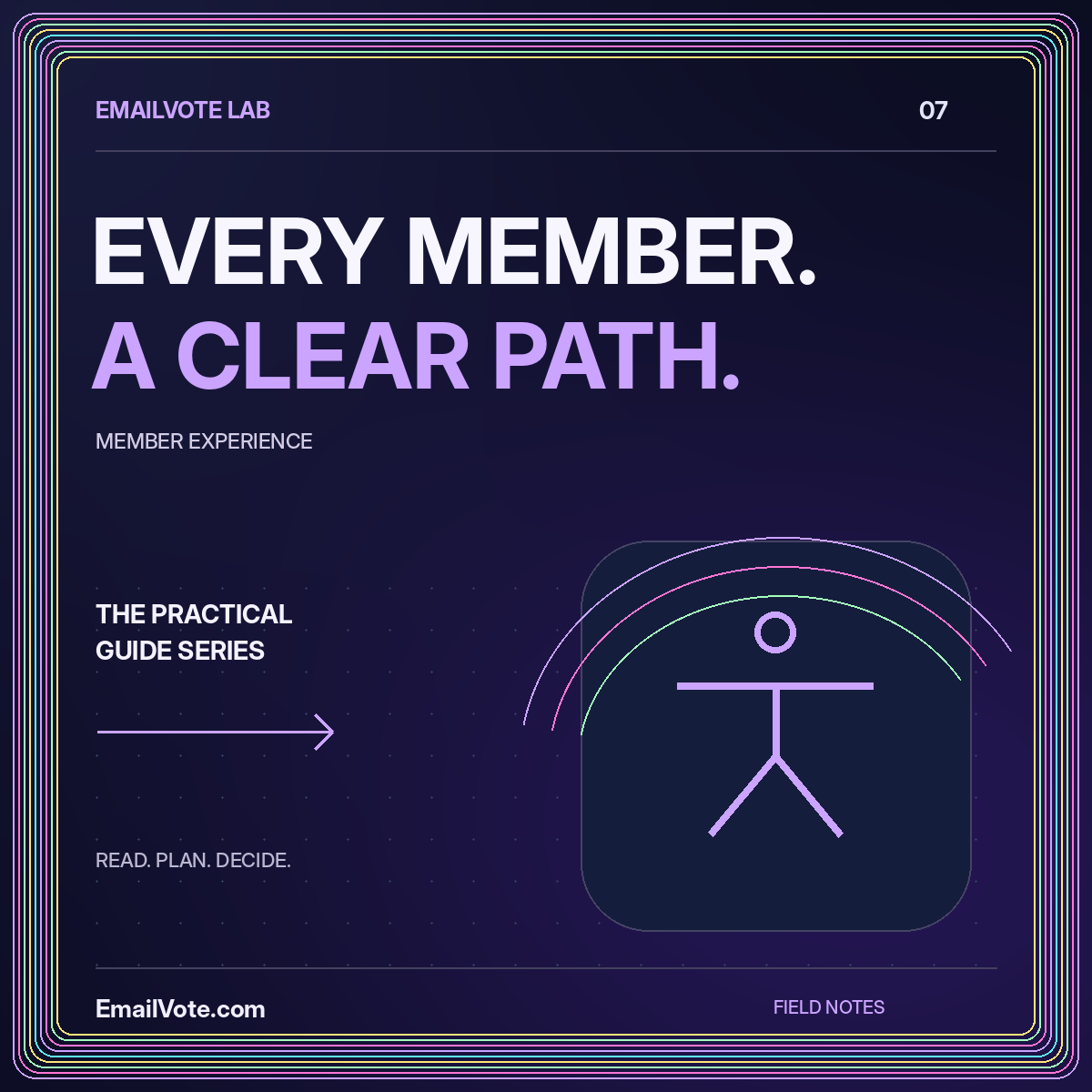 Accessible Email Voting: A Practical Organizer’s Guide — neon EmailVote.com illustrated guide card