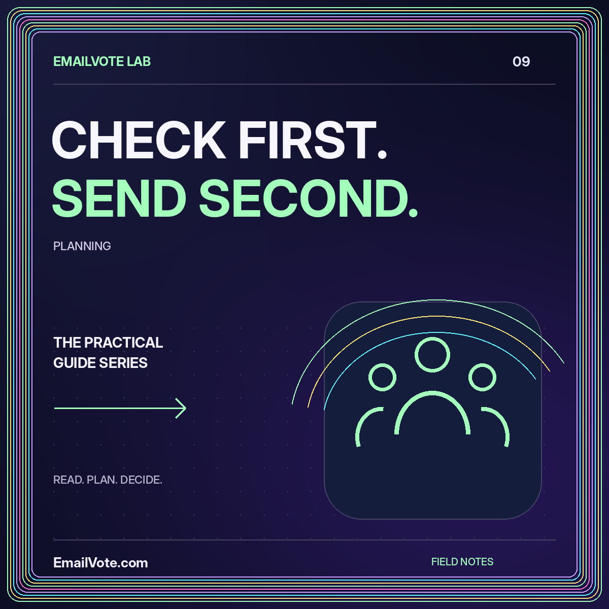 An Association Email Voting Checklist Before You Send — neon EmailVote.com illustrated guide card