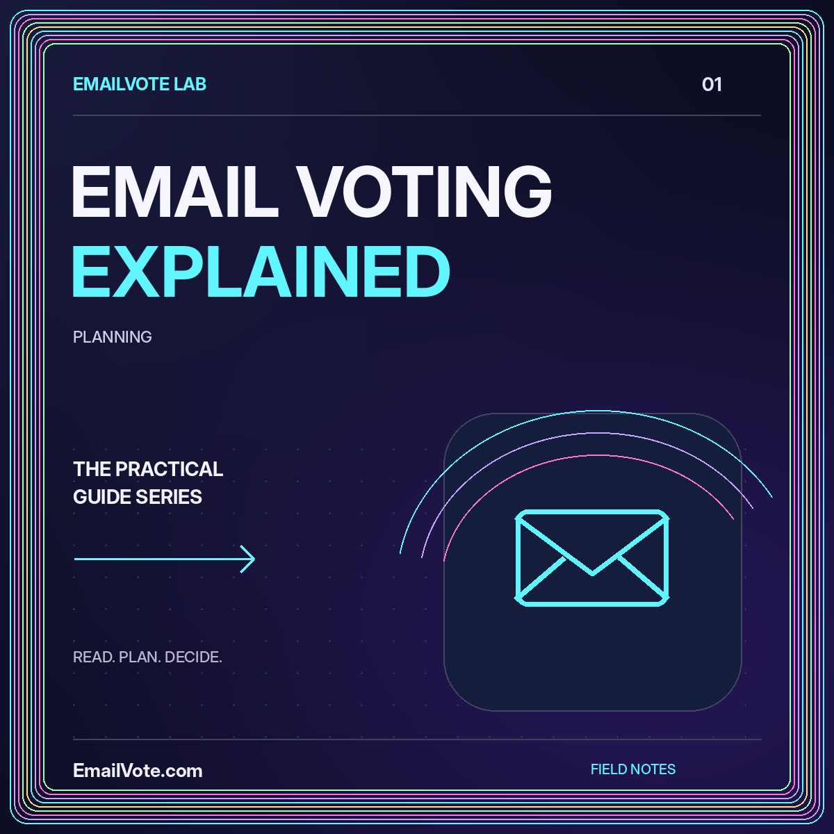 Email Voting Explained: A Beginner’s Guide — neon EmailVote.com illustrated guide card