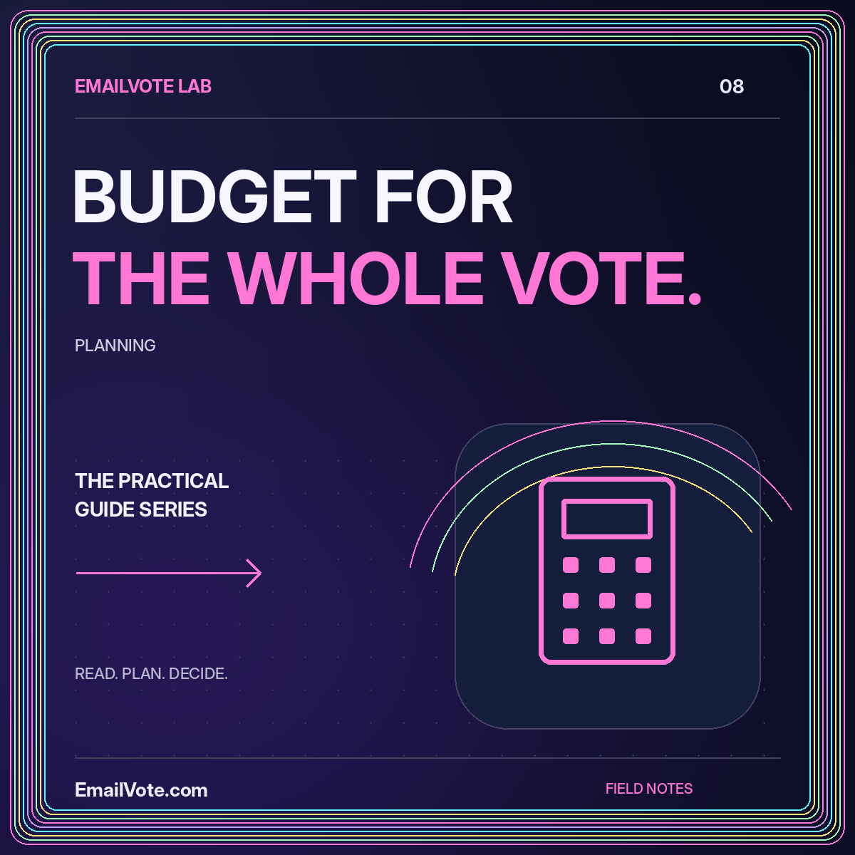 Email Voting Costs: Build a Complete Budget — neon EmailVote.com illustrated guide card