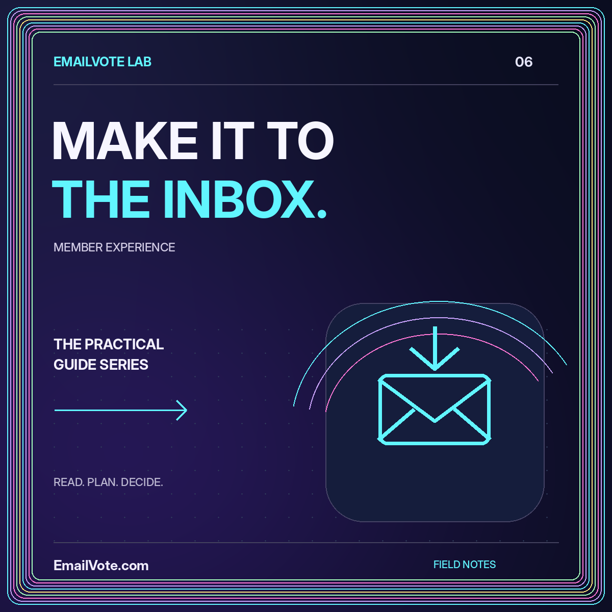 Email Voting Deliverability: From Send to Support — neon EmailVote.com illustrated guide card