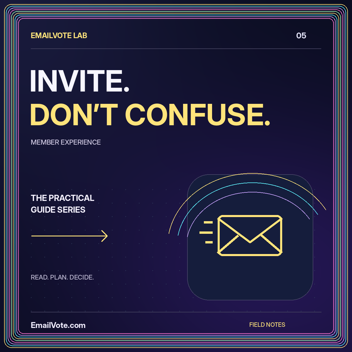 Email Voting Invitation Templates That Explain the Task — neon EmailVote.com illustrated guide card