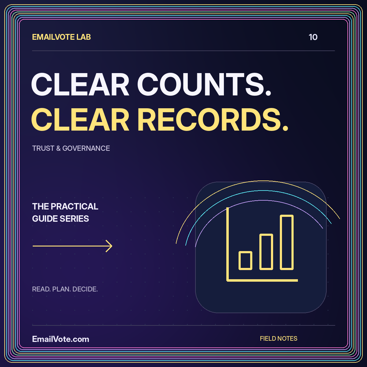 Email Voting Results: Counts, Review, and an Audit Trail — neon EmailVote.com illustrated guide card