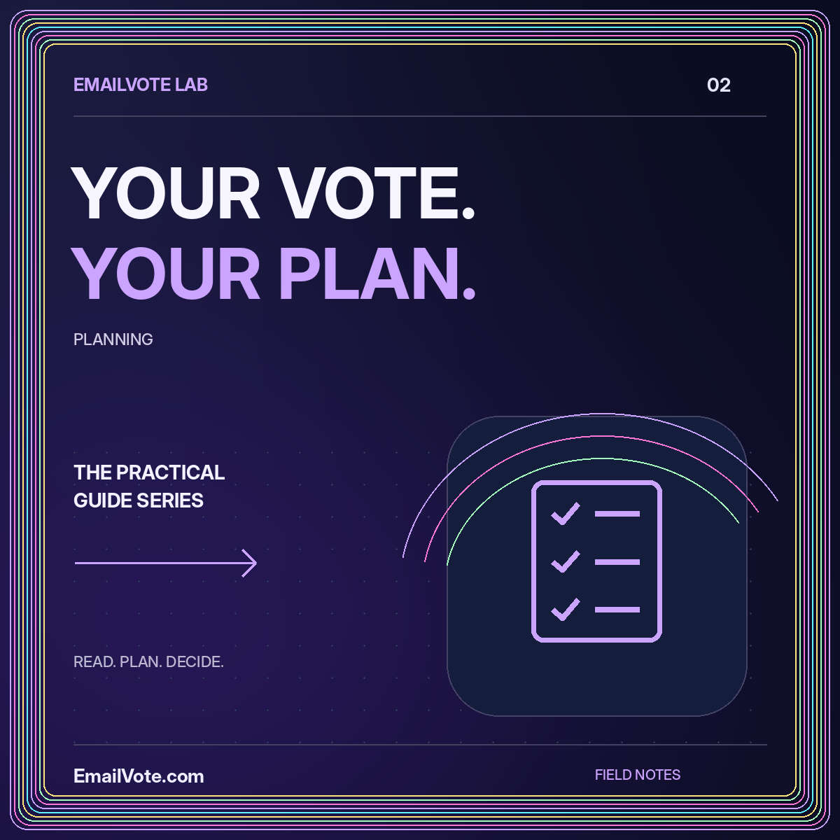 How to Run a Vote by Email, Step by Step — neon EmailVote.com illustrated guide card