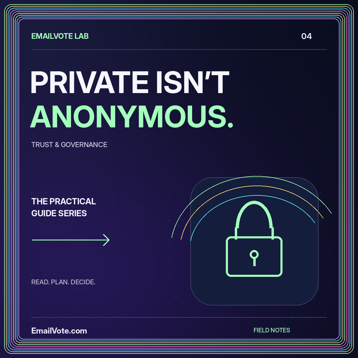 Secret Ballots vs. Anonymous Email Voting — neon EmailVote.com illustrated guide card